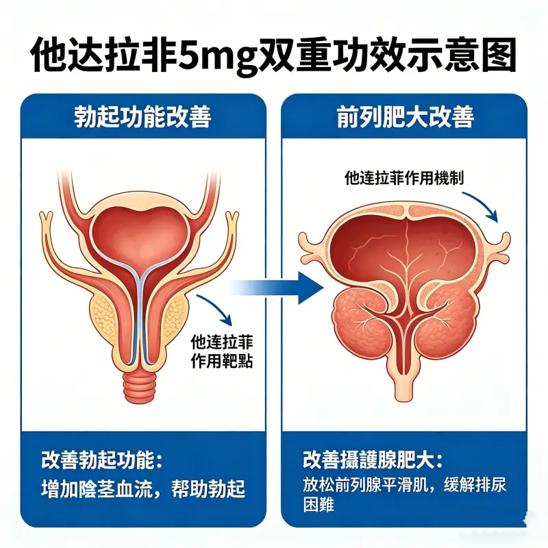 他達拉非 5mg 對於勃起功能與攝護腺肥大的雙重功效示意圖