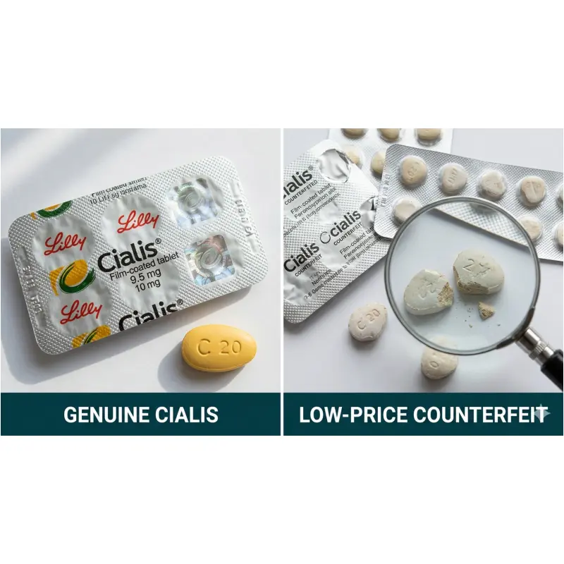 犀利士真假辨識對比圖，展示正品藥錠刻印與防偽細節