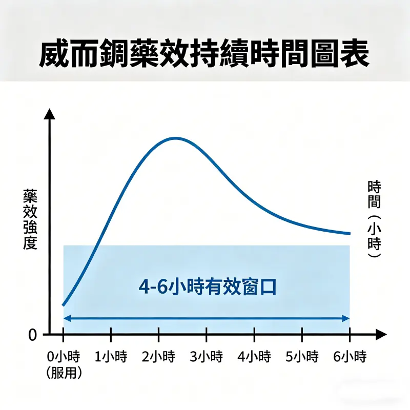 威而鋼藥效持續時間圖表，顯示4至6小時有效窗口