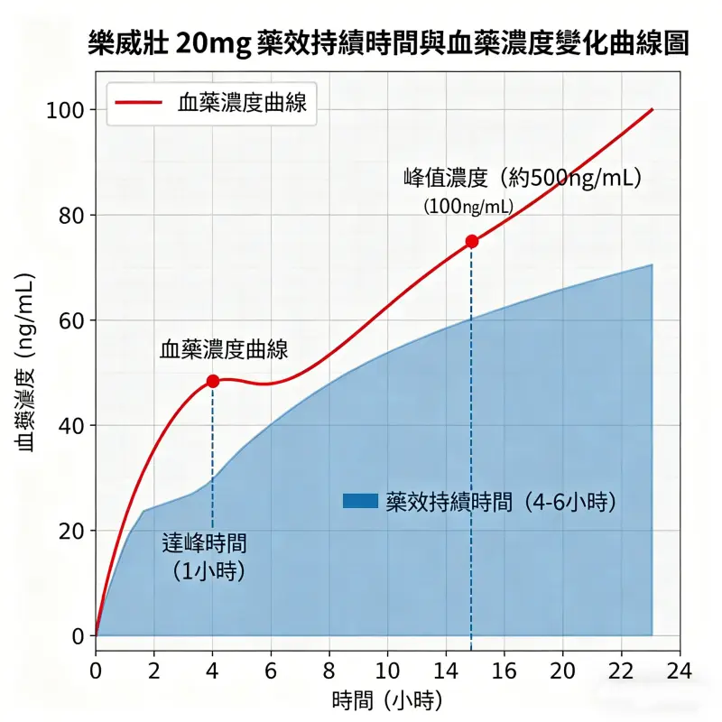 樂威壯 20mg 藥效持續時間與血藥濃度變化曲線圖