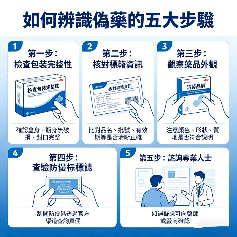 如何辨識偽藥的五大步驟流程圖