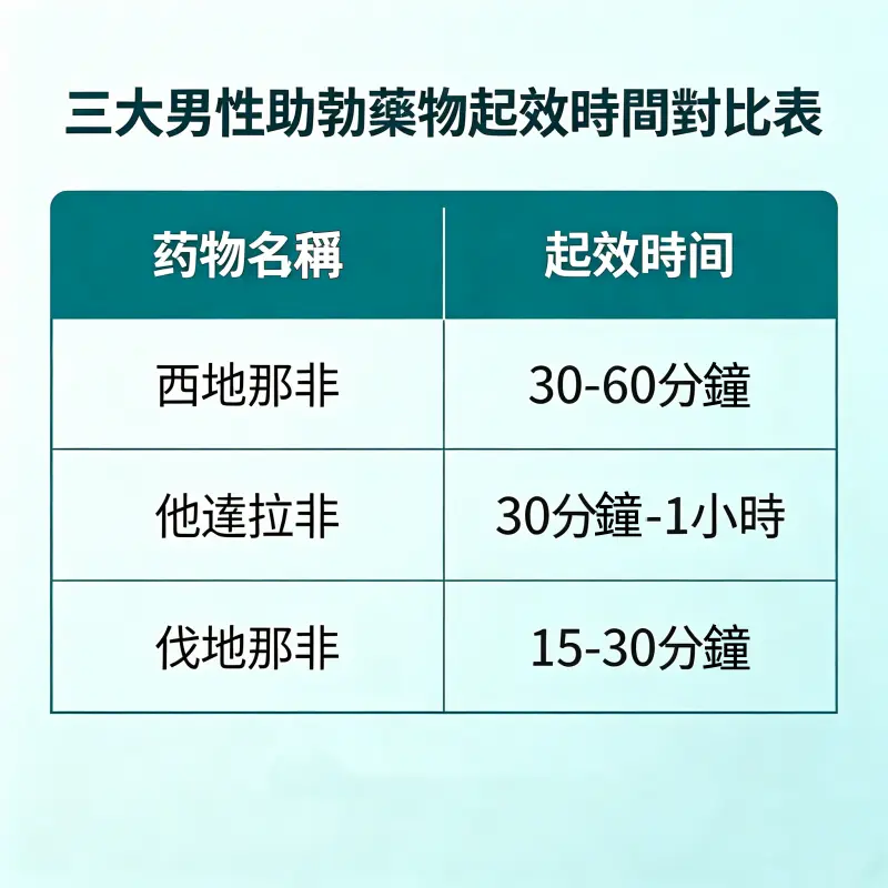 三大男性助勃藥物起效時間對比表