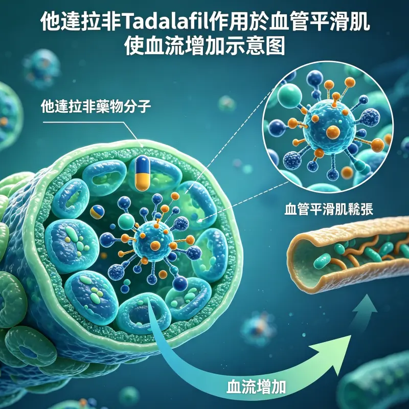 他達拉非 Tadalafil 作用於血管平滑肌使血流增加之示意圖