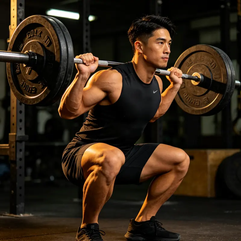 男性進行重量訓練（深蹲）