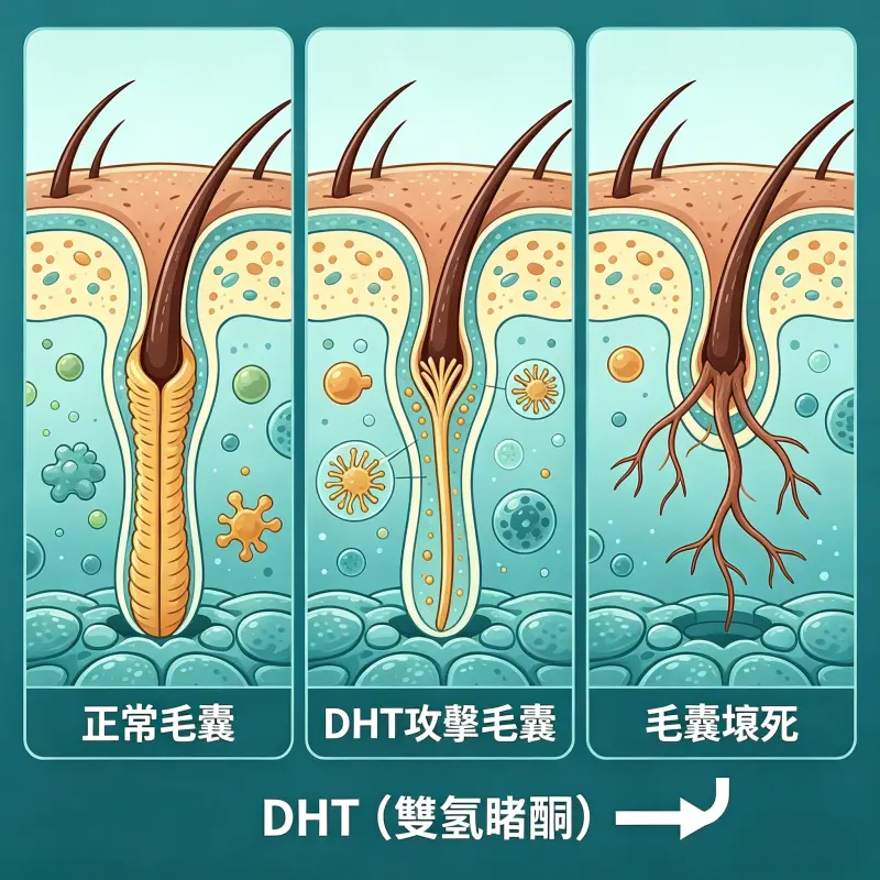 男性雄性禿原因與 DHT 攻擊毛囊示意圖