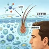 男性雄性禿原因與 DHT 攻擊毛囊示意圖