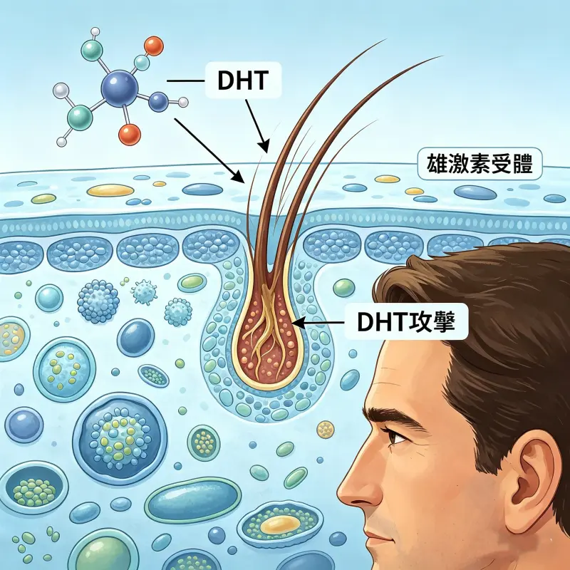 男性雄性禿原因與 DHT 攻擊毛囊示意圖