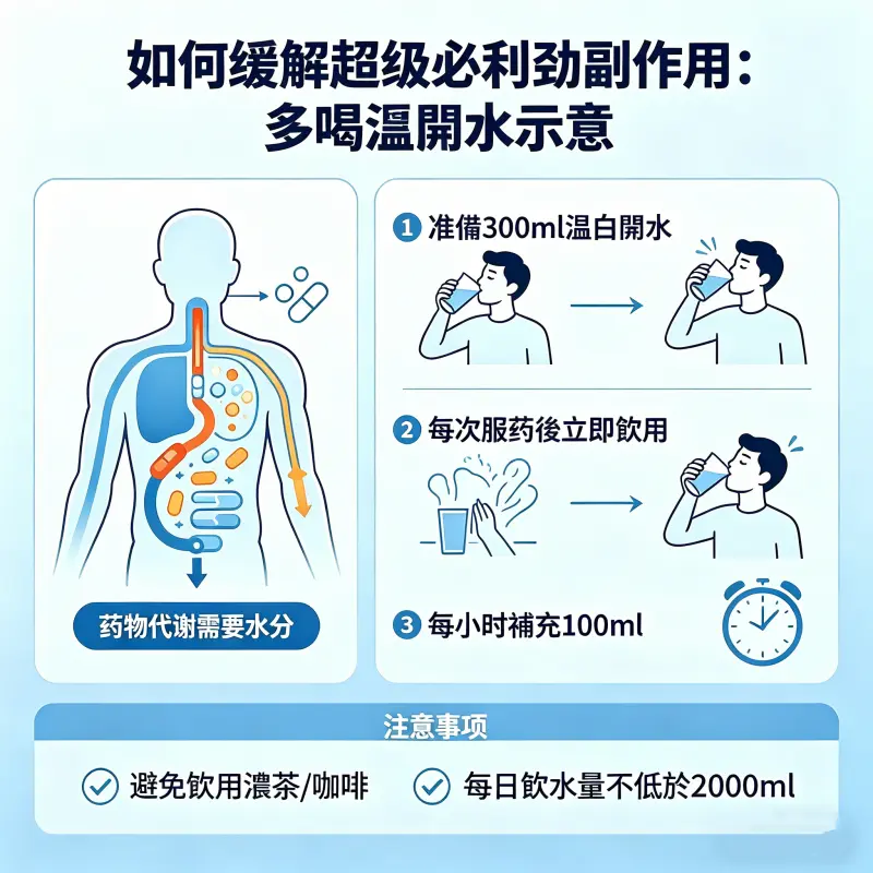 如何緩解超級必利勁副作用：多喝溫開水示意圖
