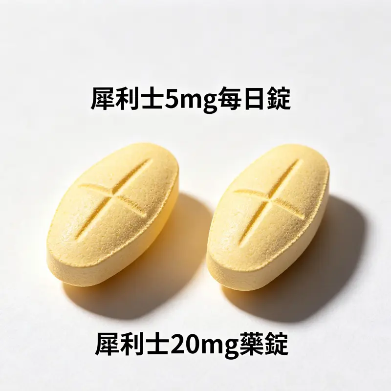 犀利士 5mg 每日錠與 20mg 藥錠外觀對比,呈現淺黃色杏仁狀