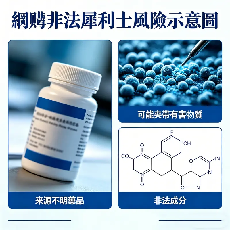 網購非法犀利士風險示意圖：來源不明的藥品可能夾帶有害雜質與非法成分