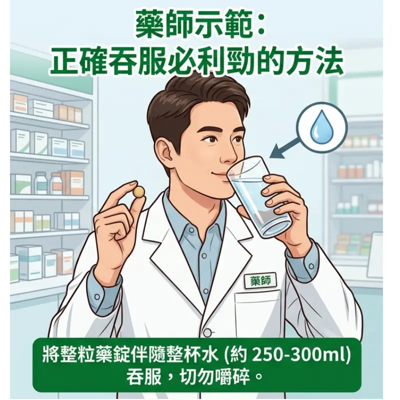 藥師示範正確吞服必利勁的方法與飲水量