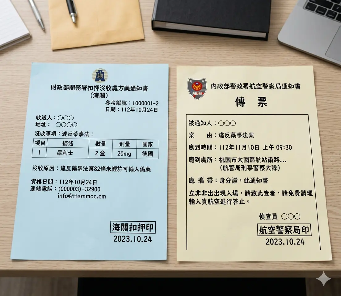 收到海關扣押沒收處方藥通知書與航警局違反藥事法約談傳票範例