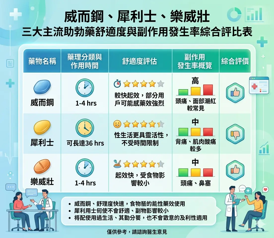 威而鋼犀利士樂威壯三大主流助勃藥舒適度與副作用發生率綜合評比表