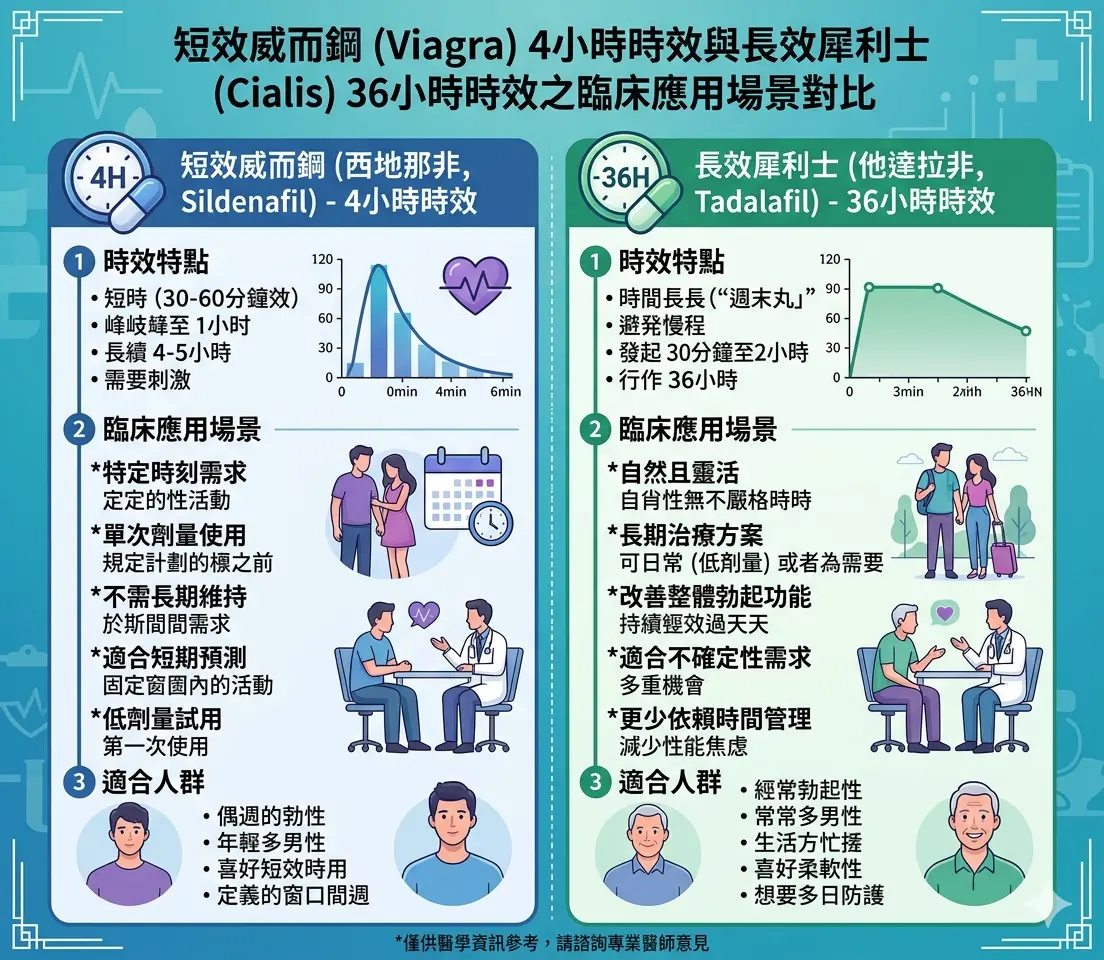 短效威而鋼4小時時效與長效犀利士36小時時效之臨床應用場景對比