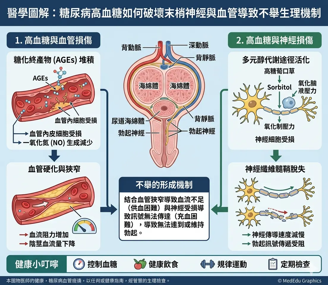 醫學圖解糖尿病高血糖如何破壞末梢神經與血管導致不舉生理機製