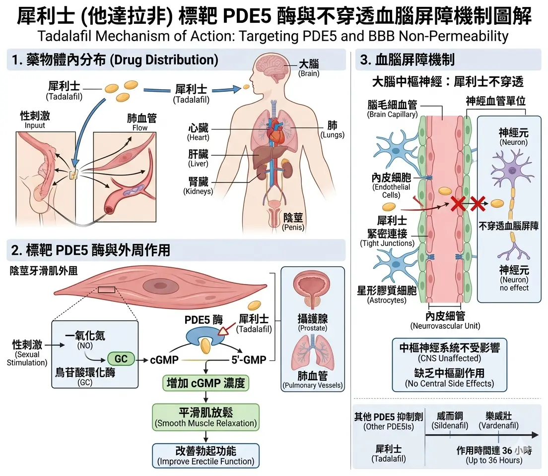 犀利士他達拉非標靶PDE5酶不穿透血腦屏障與大腦中樞神經運作圖解