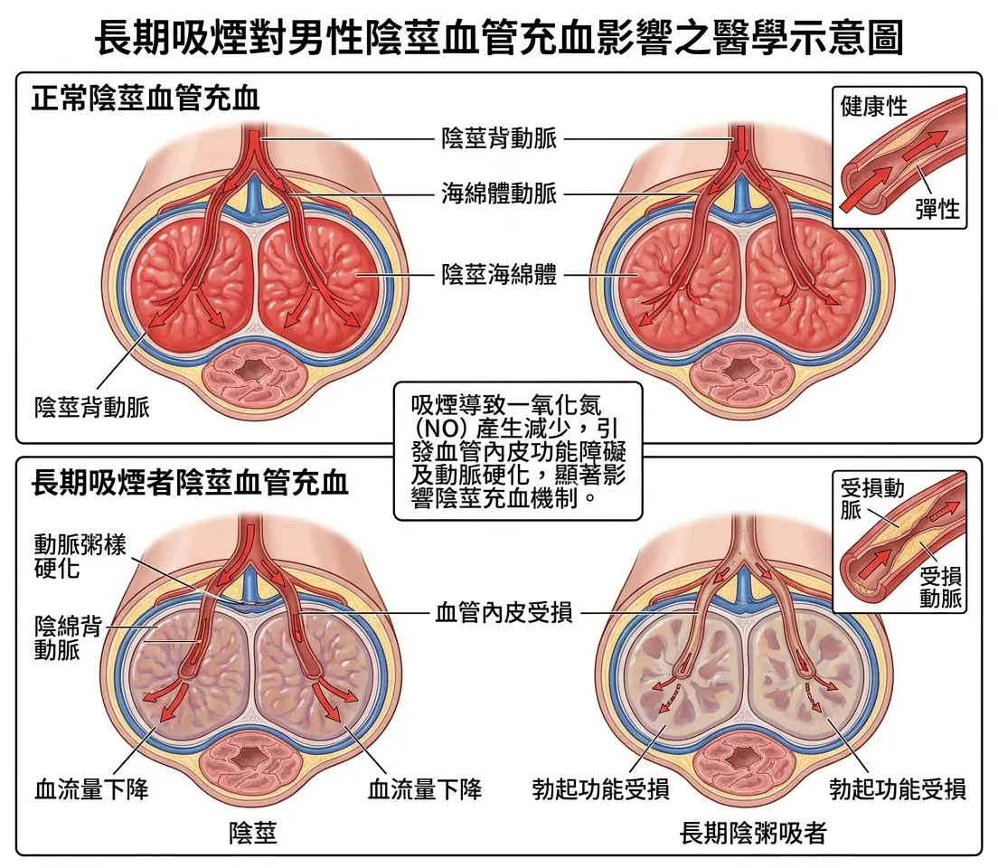 長期吸煙對男性陰莖血管充血影響的醫學示意圖