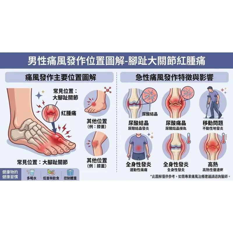 男性痛風發作位置圖解-腳趾大關節紅腫痛