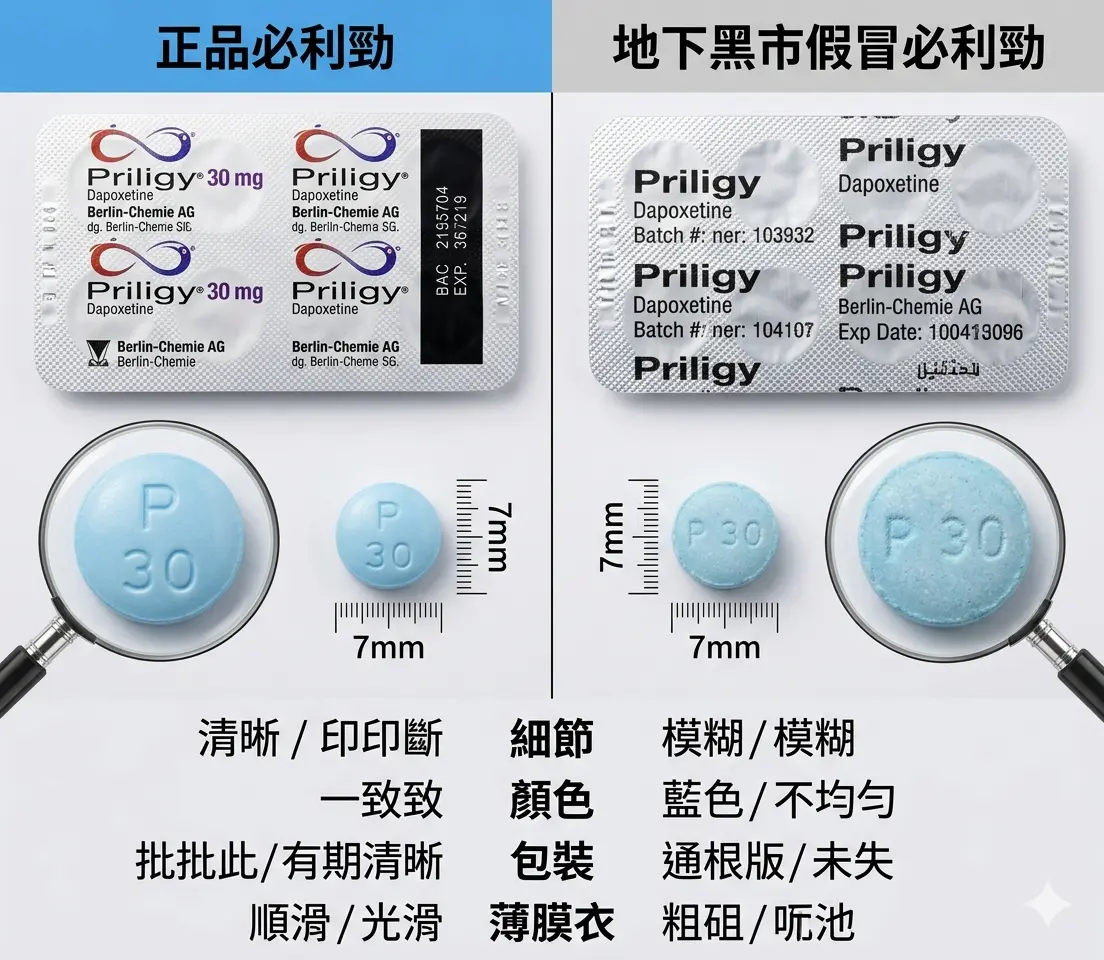 正品必利勁與地下黑市假冒必利勁薄膜衣片細節與顏色對比