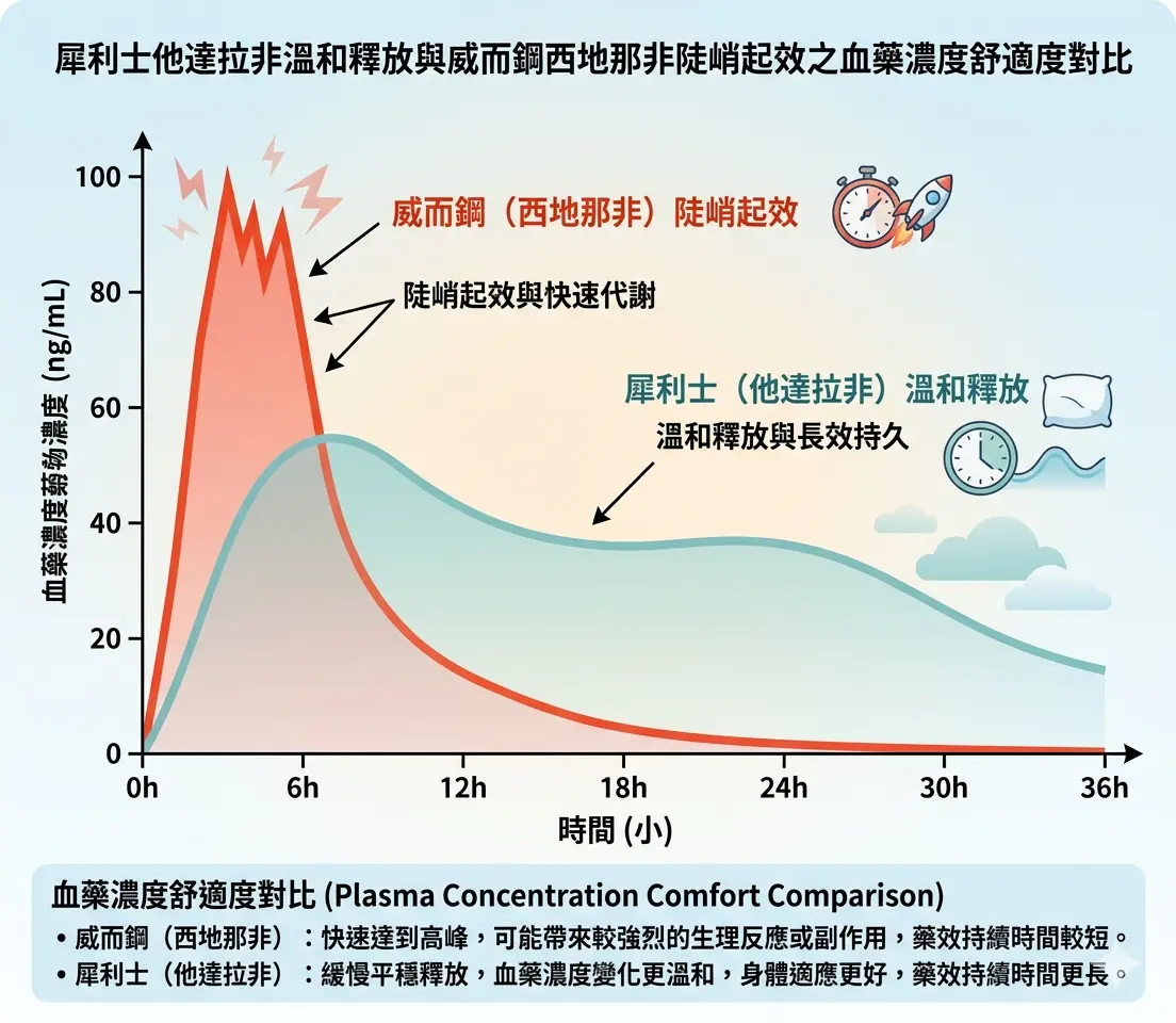 犀利士他達拉非溫和釋放與威而鋼西地那非陡峭起效之血藥濃度舒適度對比