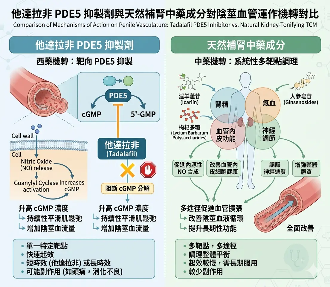 他達拉非PDE5抑製劑與天然補腎中藥成分對陰莖血管運作機轉對比