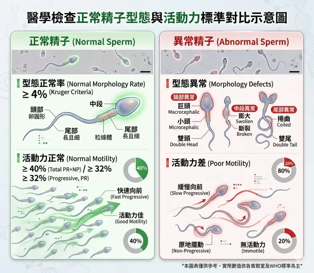醫學檢查正常精子型態與活動力標準對比示意圖