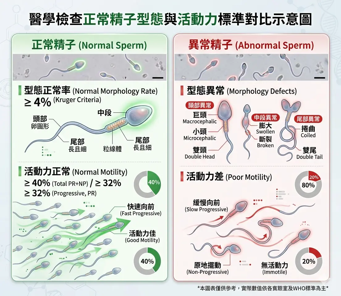 醫學檢查正常精子型態與活動力標準對比示意圖