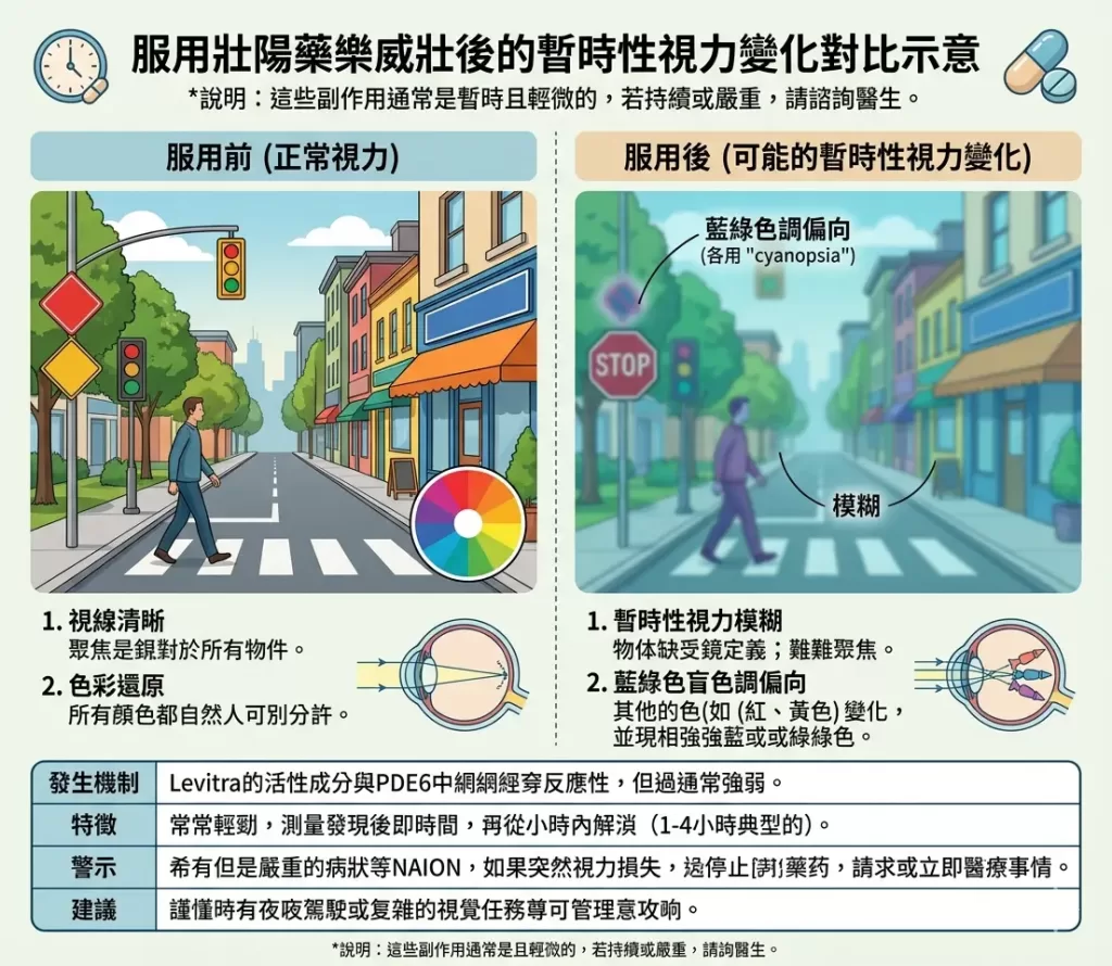 服用壯陽藥樂威壯後可能出現的暫時性視力模糊與藍綠色盲色調偏向對比示意