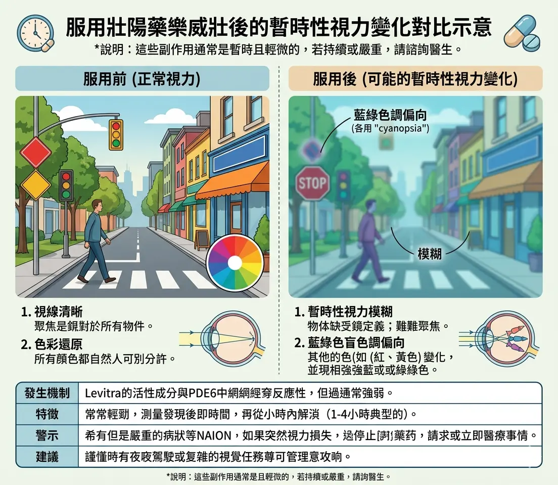 服用壯陽藥樂威壯後可能出現的暫時性視力模糊與藍綠色盲色調偏向對比示意