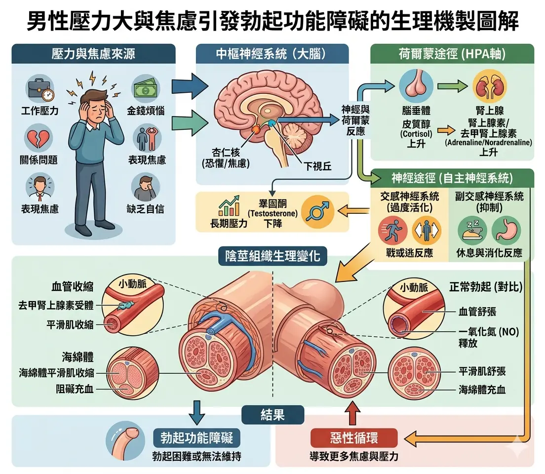 男性壓力大與焦慮引發勃起功能障礙的生理機製圖解