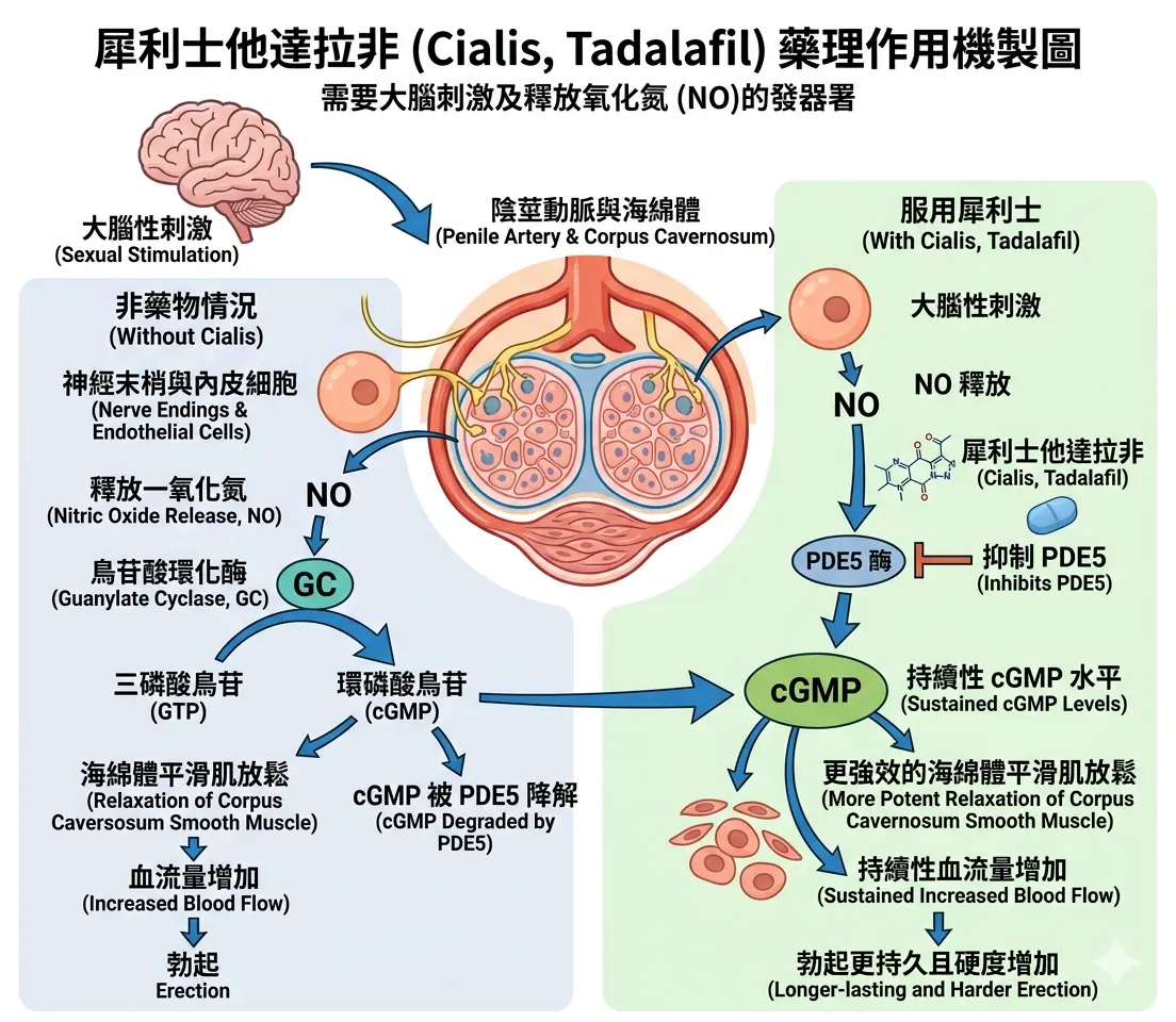 犀利士他達拉非在體內需要大腦性刺激與一氧化氮觸發之藥理作用機製圖