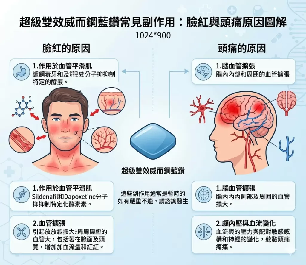 超級雙效威而鋼藍鑽常見副作用臉紅與頭痛原因圖解