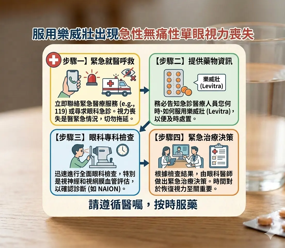 使用樂威壯出現急性無痛性單眼視力喪失時的緊急眼科就醫處置四步驟流程圖