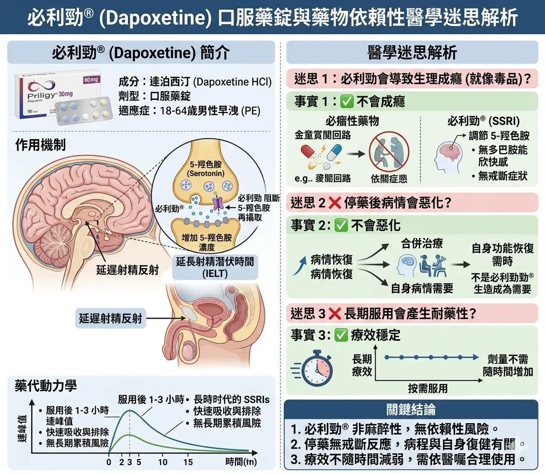 必利勁Dapoxetine口服藥錠與藥物依賴性醫學迷思解析