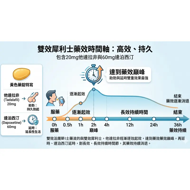雙效犀利士藥效時間軸：服藥後2小時達到巔峰，持續36小時