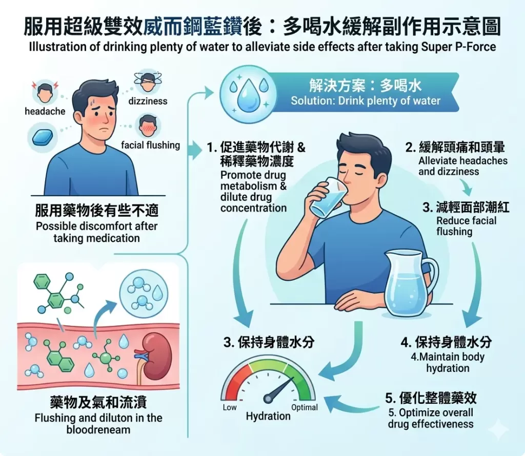 服用超級雙效威而鋼藍鑽後多喝水緩解副作用示意圖