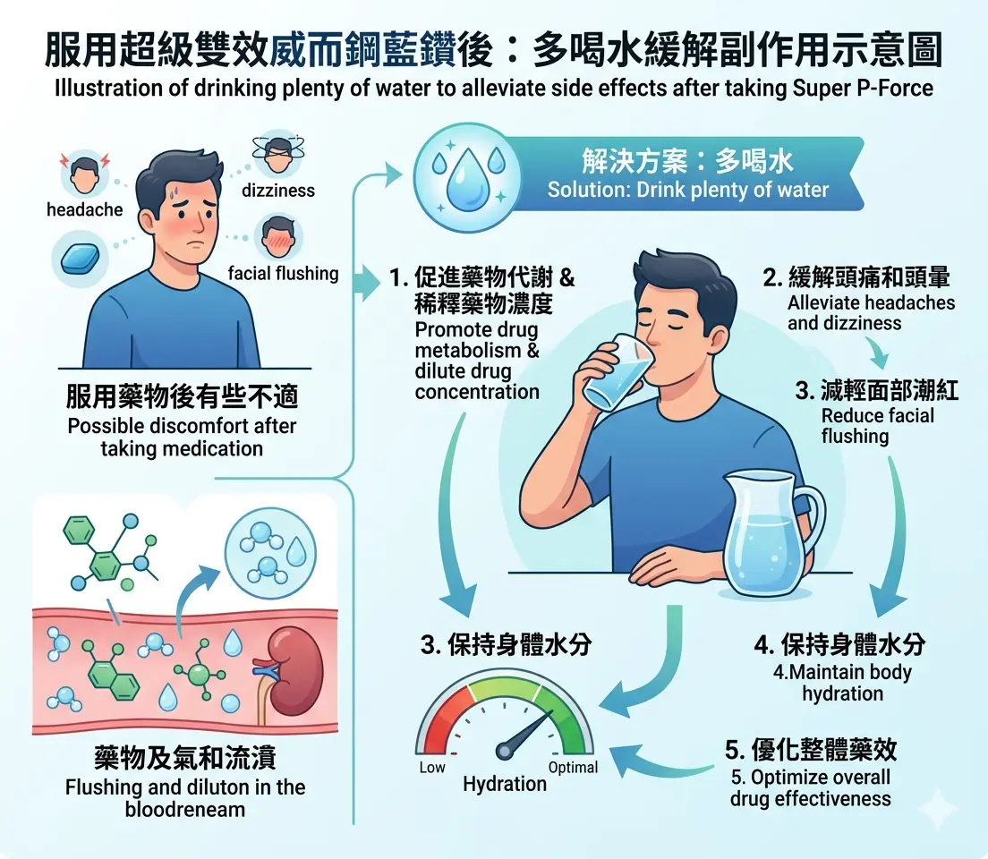 服用超級雙效威而鋼藍鑽後多喝水緩解副作用示意圖