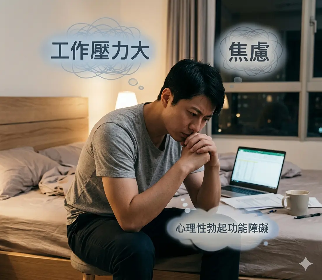 年輕男性因工作壓力與焦慮導致心理性勃起功能障礙示意圖