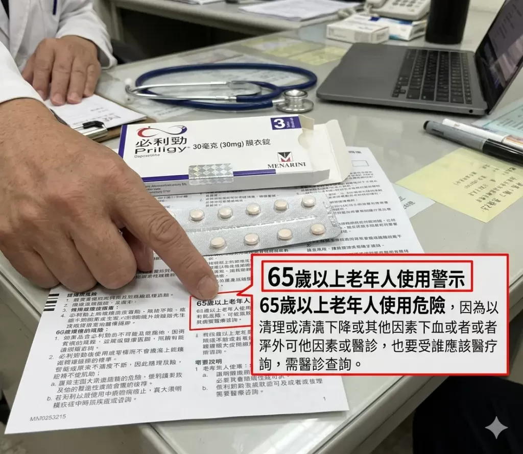 必利勁Priligy藥物外包裝與65歲以上老年人使用警示