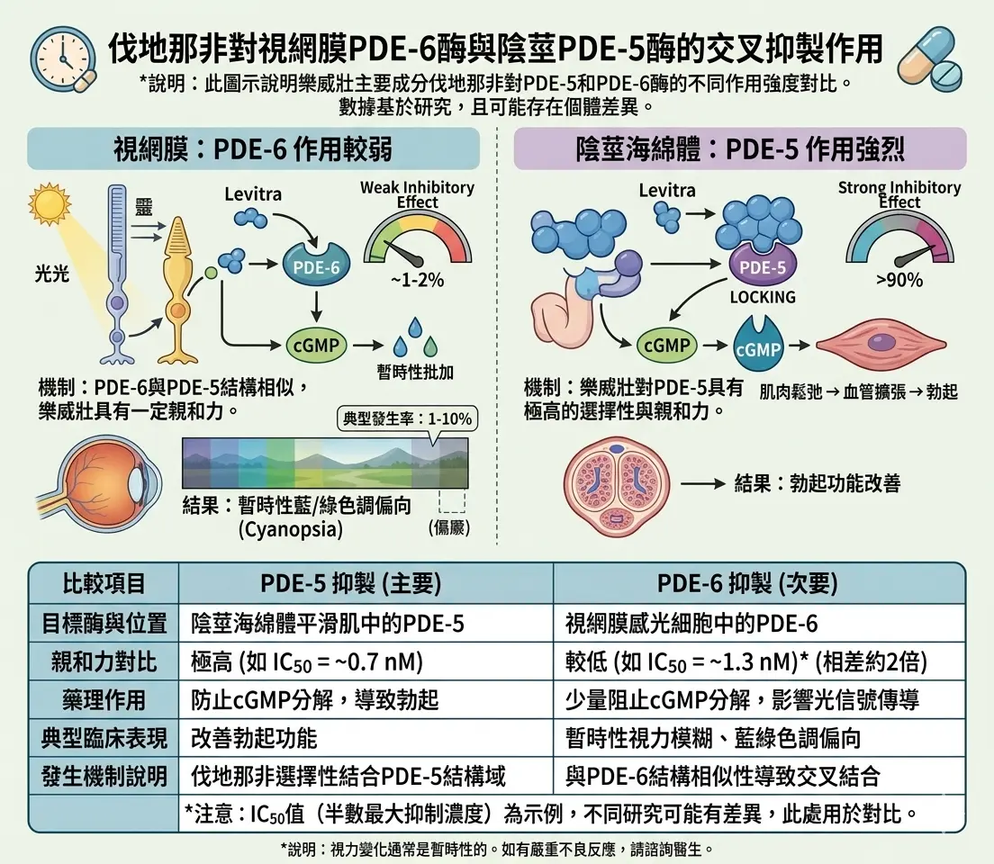 樂威壯伐地那非對視網膜PDE-6酶與陰莖PDE-5酶的交叉抑製作用機製圖
