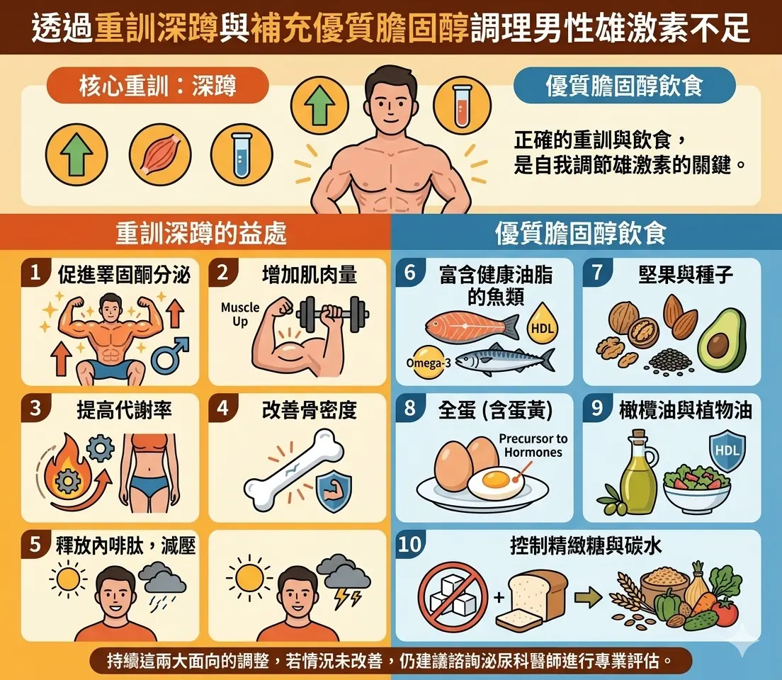 透過重訓深蹲與補充優質膽固醇調理男性雄激素不足的方法