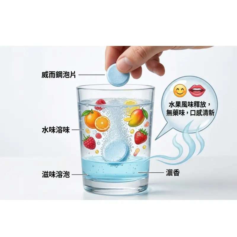 威而鋼發泡錠投入水中溶解示意圖-水果口味無藥味