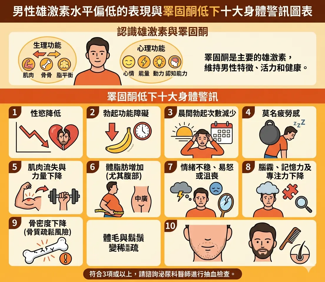 男性雄激素水平偏低的表現與睪固酮低下十大身體警訊圖表