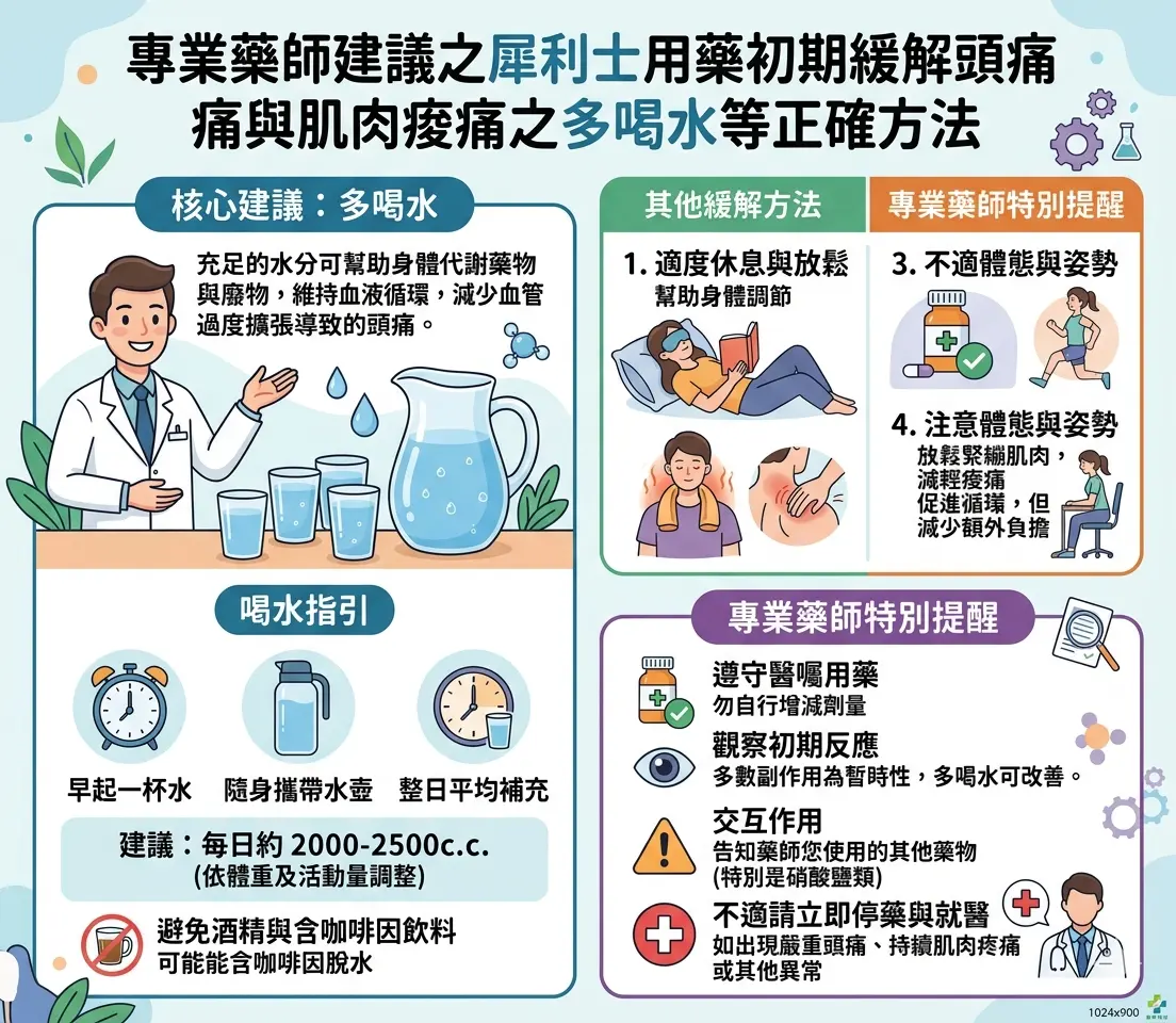 專業藥師建議之犀利士用藥初期緩解頭痛與肌肉痠痛之多喝水等正確方法
