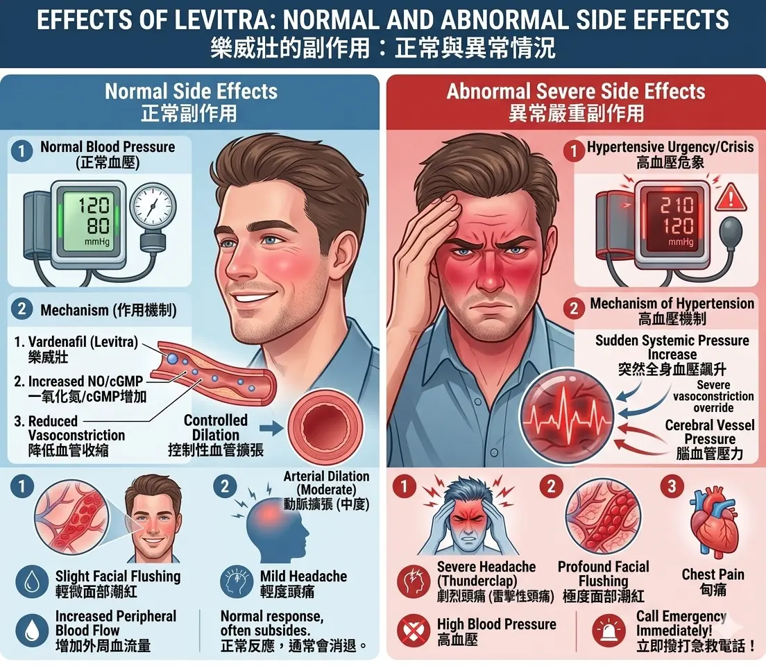 服用樂威壯後正常頭痛臉紅與異常血壓飆升症狀