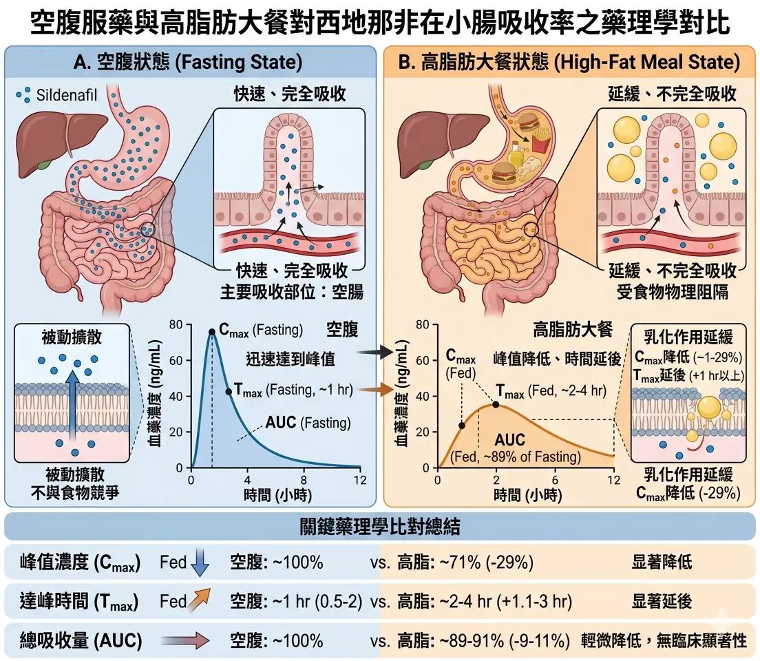 空腹服藥與高脂肪大餐對西地那非在小腸吸收率之藥理學對比