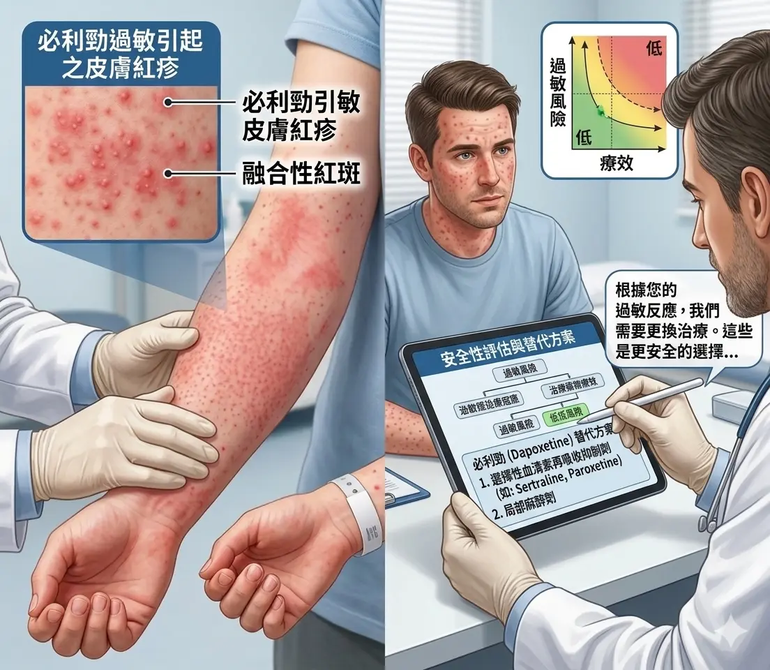 泌尿科醫師為患者評估必利勁過敏後的安全替代治療方案