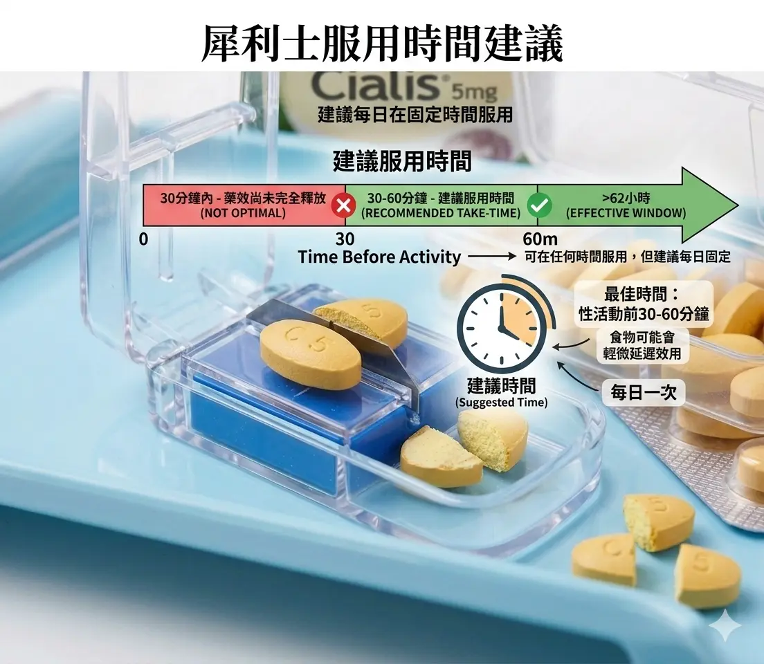 犀利士服用時間建議圖-20mg提前2小時與5mg定時定量
