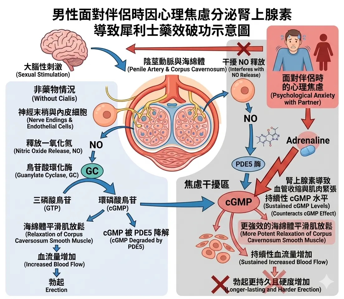 男性面對伴侶時因心理焦慮分泌腎上腺素導致犀利士藥效破功示意圖
