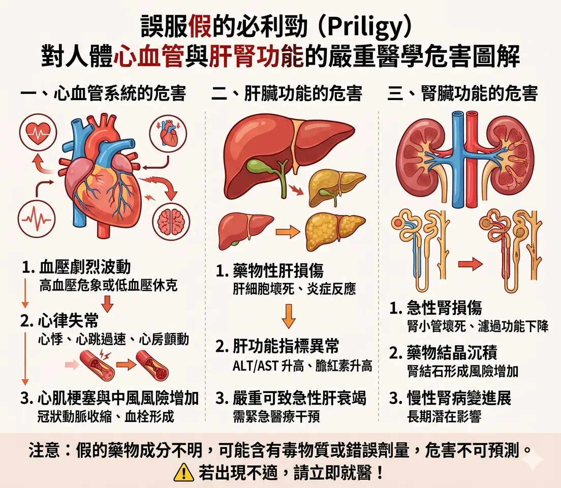 誤服假的必利勁對人體心血管與肝腎功能造成的嚴重醫學危害圖解